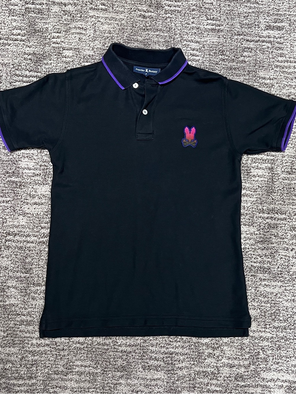 Psycho Bunny Black Polo with Purple Trim and Embroidered Bunny